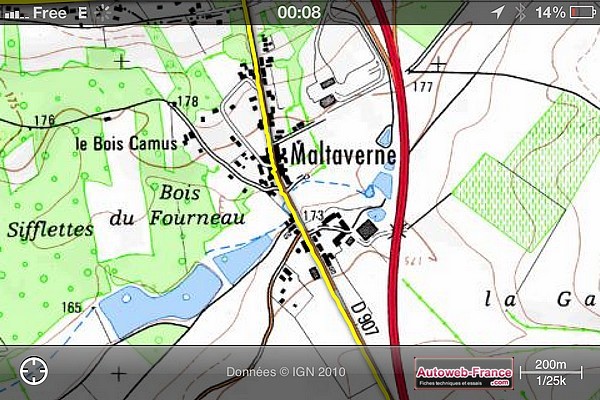 Le virage Sacha Distel, sur la carte IGN de Maltaverne, via iPhiGéNie pour iPhone